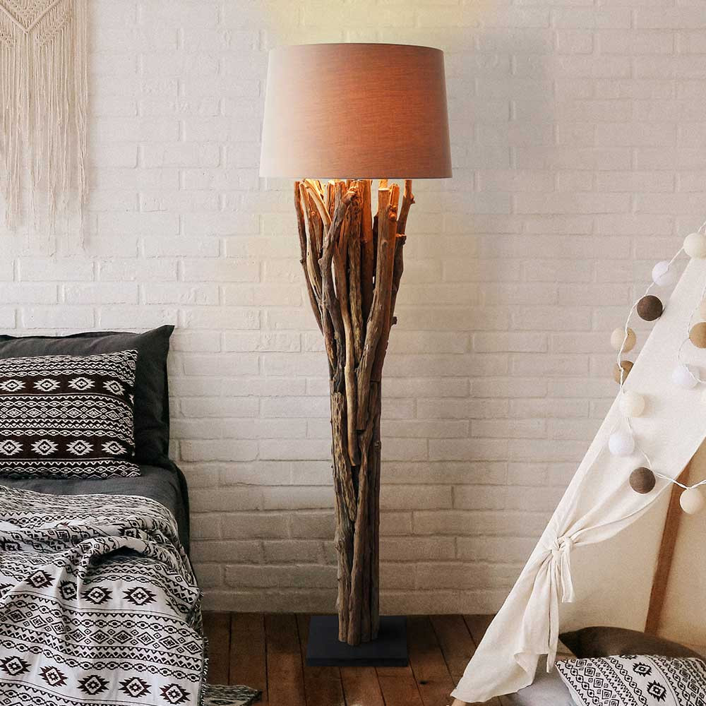 Designer Stehlampe Mit Stoffschirm In Cremeweiß Und Treibholz Fuß for Schlafzimmer Stehlampe