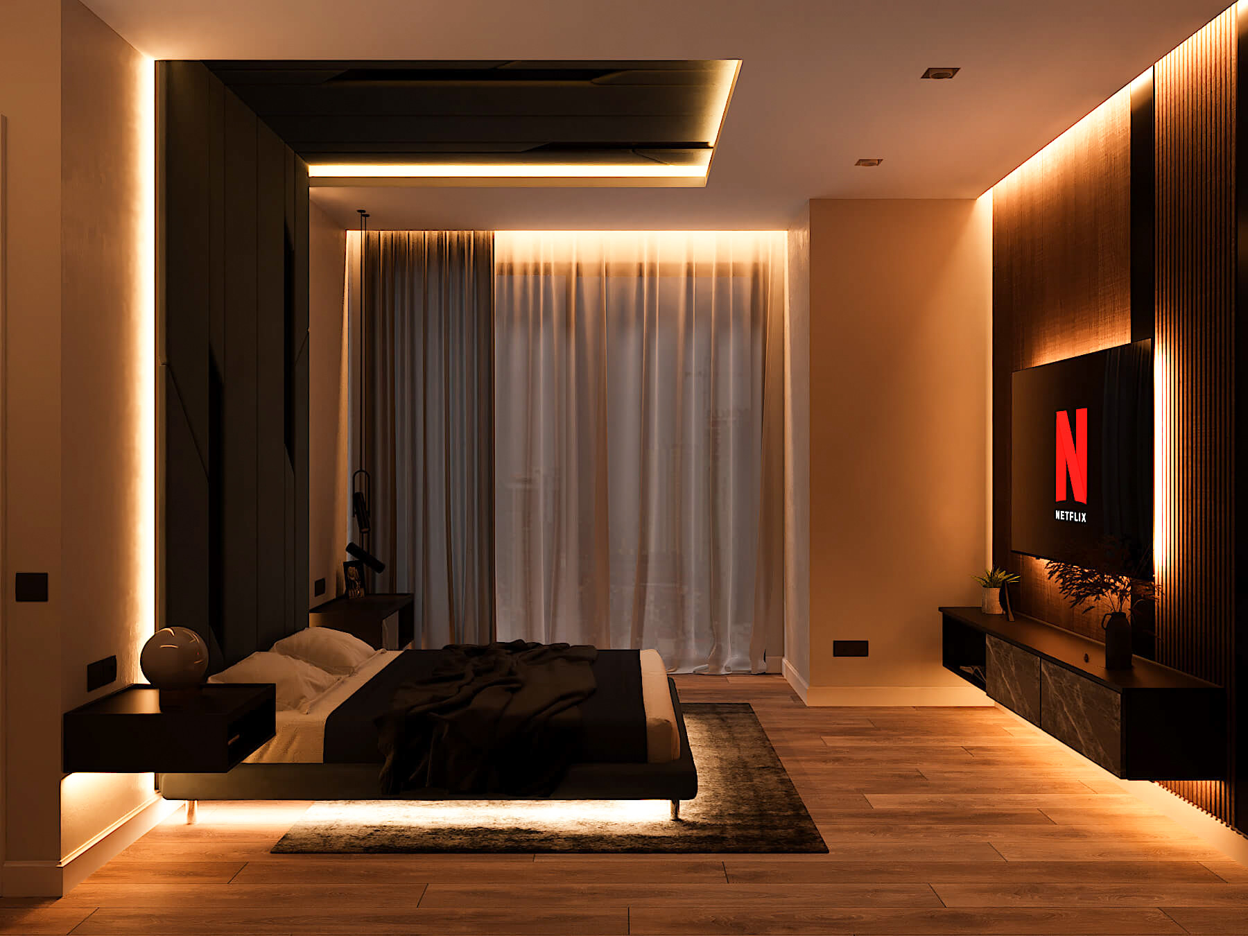 Lichtpaket Schlafzimmer | Bettsockel - Sideboard - Bett inside Tv Schlafzimmer