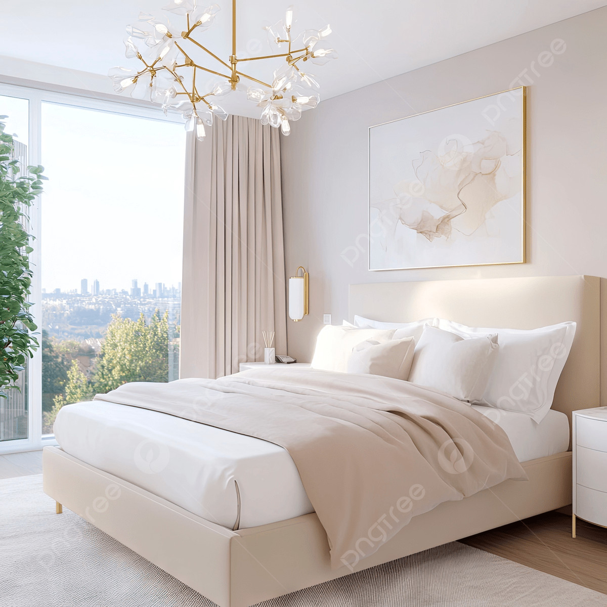 Modernes Schlafzimmer Mit Einem Beige Stoffbett Weiße Seitentische throughout Bilder Modern Schlafzimmer